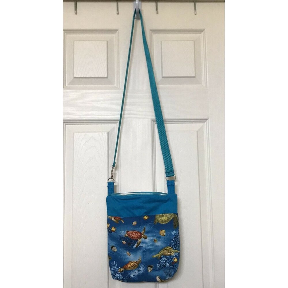Colorful Sea Turtles Fish Cotton Shoulder Handbag 11" X 9" Blue Green Teal Ocean - Picture 5 of 9
